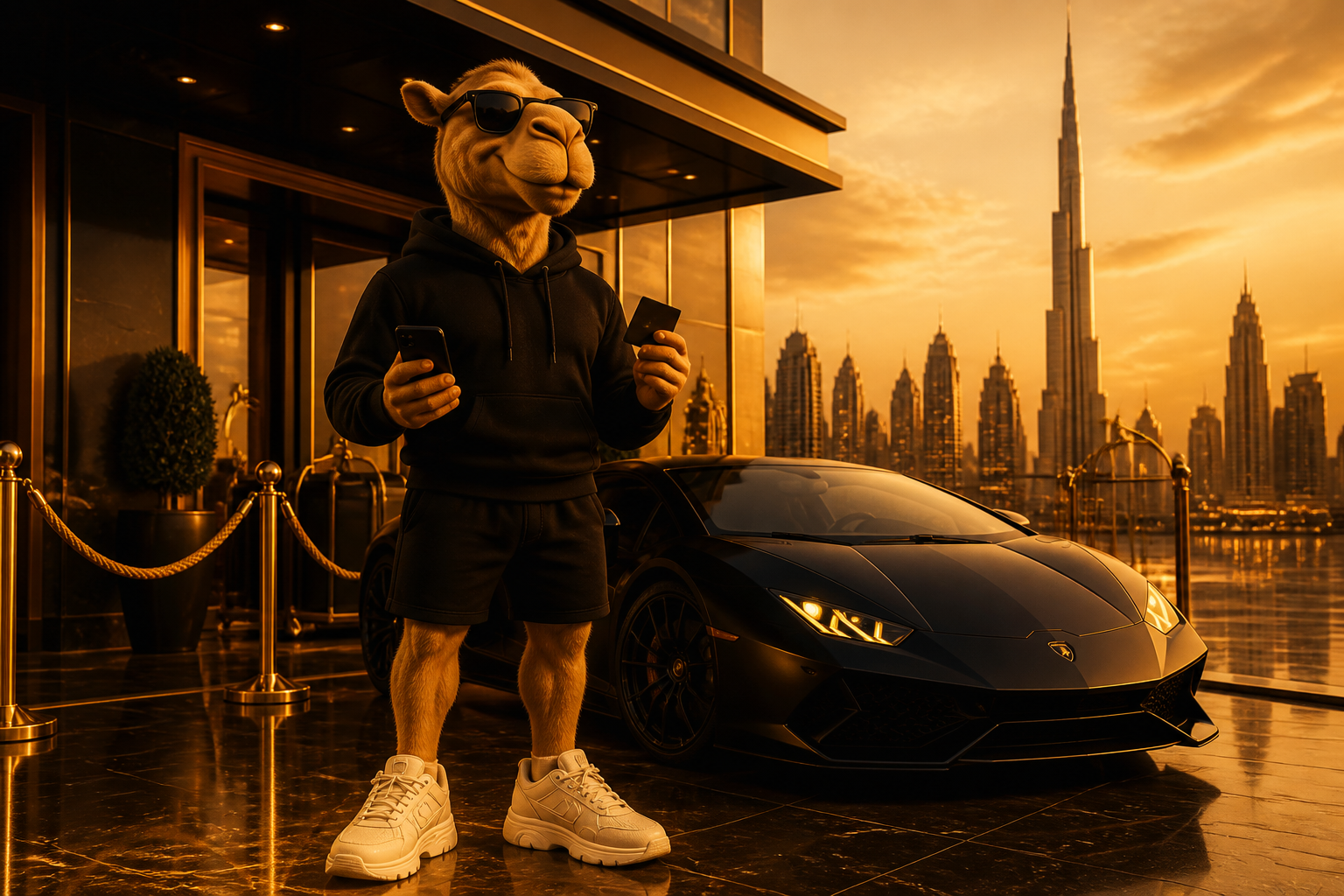 Broke Camel posing beside a supercar